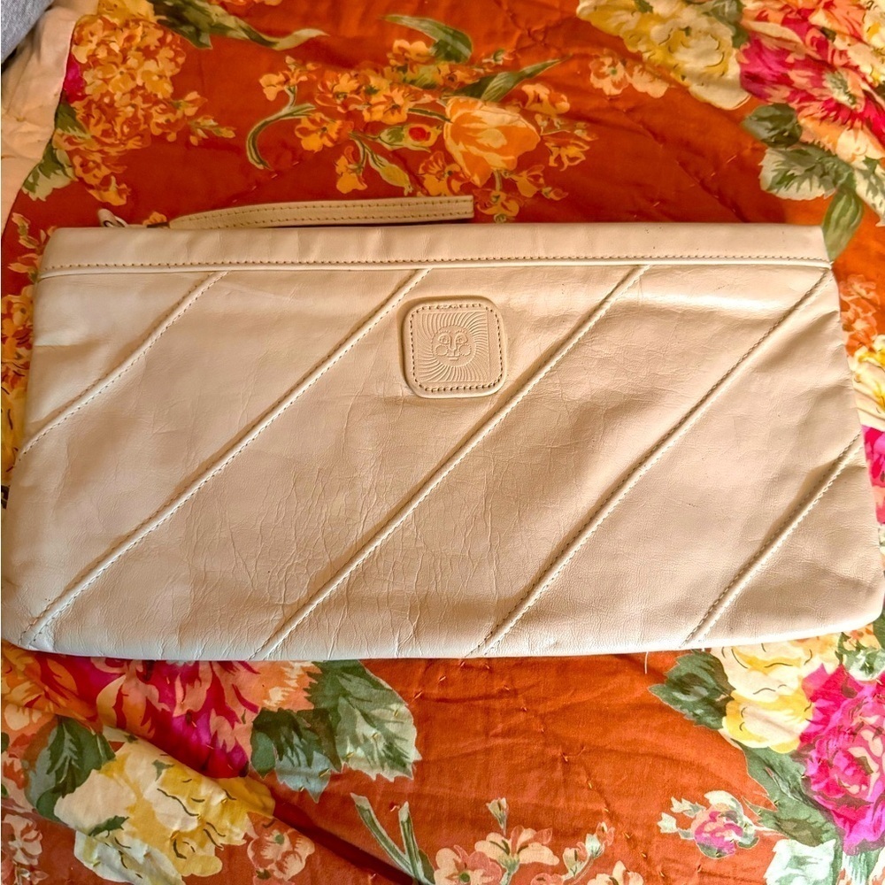 VINTAGE LEATHER CLUTCH Buff Beige Winter White Cream Wristlet Purse Bag Sun